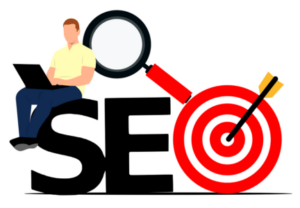 Image of SEO with a male figure on a laptop, a magnifying glass and a target.
